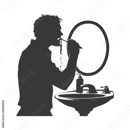 Silhouette of Man Brushing Teeth, Sink with Soap and Mirror, Morning Routine.