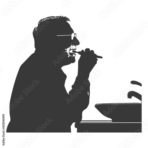 Silhouette of Elderly Man Brushing Teeth at Sink, Dental Hygiene, Oral Care Routine