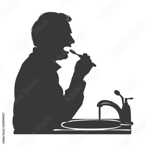Silhouette: Man Brushing Teeth at Sink with Running Faucet.