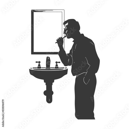 Silhouette Morning: Man Brushing Teeth at Sink, Minimalist Bathroom Scene