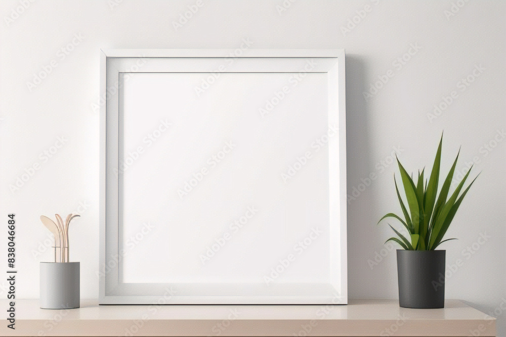 Diseño interior escandinavo de sala de estar con consola de madera, anillos en la pared, marco de póster simulado, flores en jarrón y elegantes accesorios personales Diseño interior escandinavo de sala de estar con consola de madera, anillos en la pared, marco de póster simulado, flores en jarrón y elegantes accesorios personales