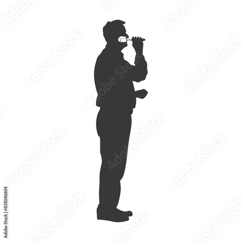Silhouette of a Man Singing with a Microphone, Side View, Isolated.