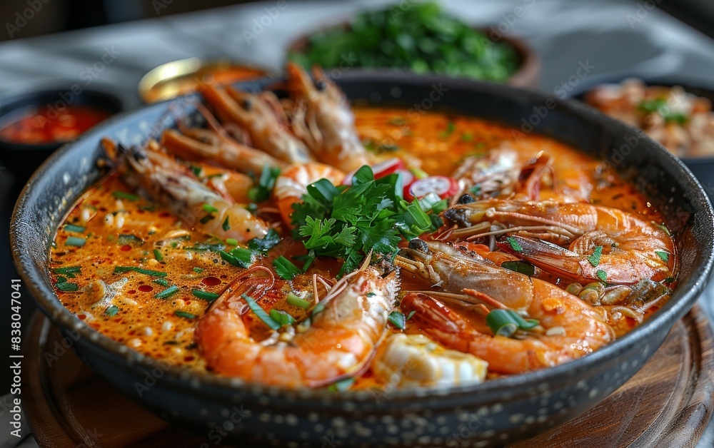 A bowl of shrimp soup with a garnish of parsley A bowl of shrimp soup with a garnish of parsley