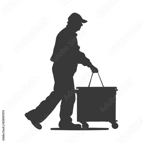 Silhouette of Worker Pulling Wheeled Cart, Industrial Labor Concept.