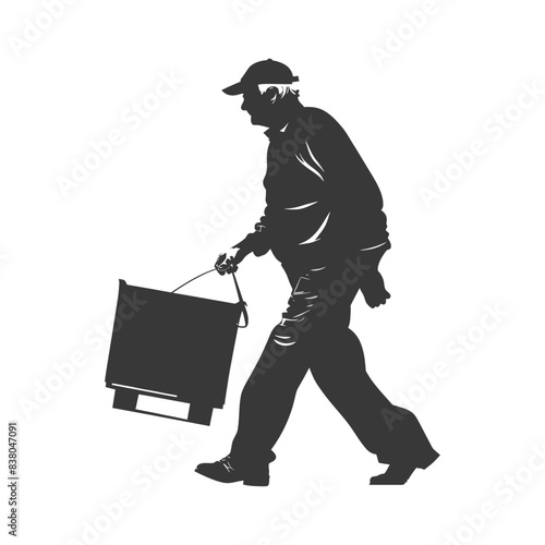 Silhouetted Man in Cap Carrying Heavy Box: Monochromatic Delivery Vector.