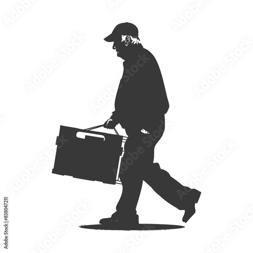 Silhouette of Man Carrying a Heavy Box, Side View, Cap and Jacket, Labor, Delivery, Isolated.