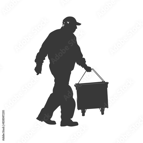 Silhouette of man walking with box trolley, casual cap and jacket.