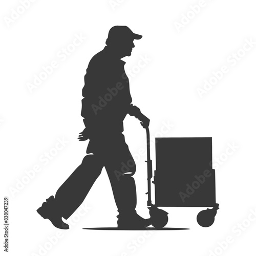 Silhouette of Man Pulling Dolly with Box: Delivery, Moving, Worker.