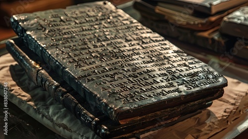 Ancient Greek text of roman law on a bronze Heraclean Tablets from Heraclea Lucania. Italy photo