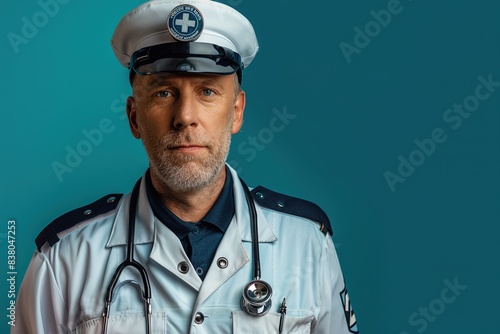 Portrait of a focused Emergency Medical Technician in uniform against a teal backdrop photo
