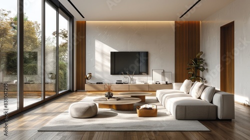 A sleek, minimalist living room with smart home features.  © Farda