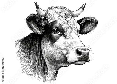 Cow, bull head. Vintage retro print, black white cow sketch ink pencil style drawing, engrave old school. Sketch artwork silhouette head cow, white background. Side view profile. Illustration © HumanArtPixels