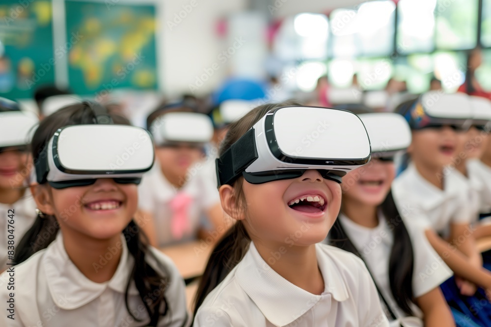 School Kids Enjoying Virtual Reality Experience in Classroom School Kids Enjoying Virtual Reality Experience in Classroom