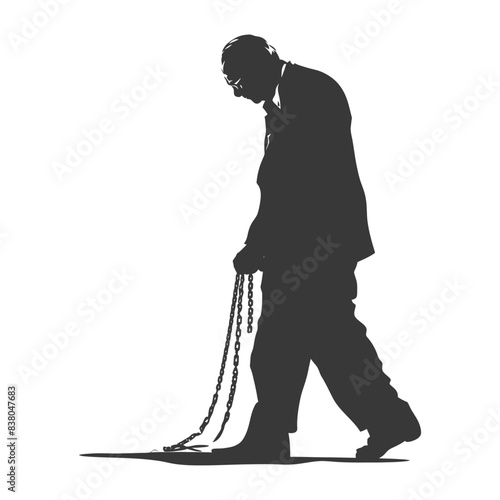 Burdened Silhouette: Man in Suit Dragging Chains Against White Backdrop.