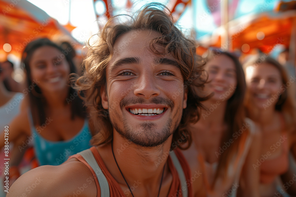 A group of friends at a theme park, taking a selfie with a roller coaster in the background, their faces lit up with excitement. A group of friends at a theme park, taking a selfie with a roller coaster in the background, their faces lit up with excitement.
