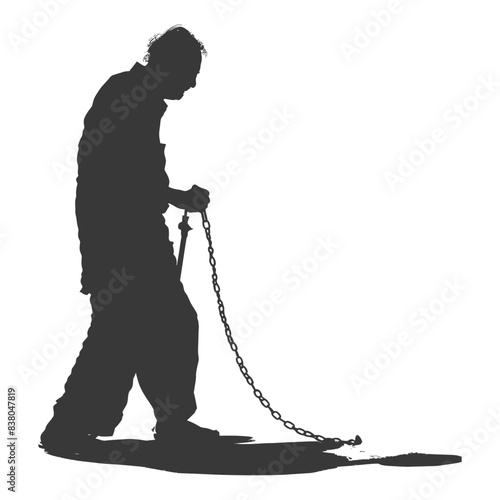 Silhouetted Man Dragging Heavy Chain, Burdened Figure, Labor, Shadow Detail, Isolated.