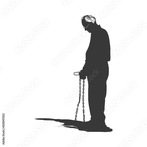 Silhouette of Elderly Man Shackled by Chain, Burden of Age, Despair.
