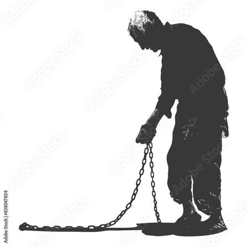 Silhouetted figure lowering chain into manhole, maintenance or confinement concept.