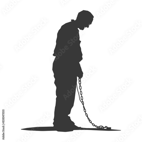 Silhouette of a shackled man, head bowed, against white.