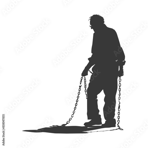 Chained Silhouette: Man Dragging Chains, Burdened Figure, Somber Symbolism on White.