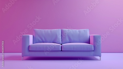 Modern lavender sofa against a gradient pink and purple background, minimalistic home decor style, emphasizes elegance and comfort. 3D Illustration.