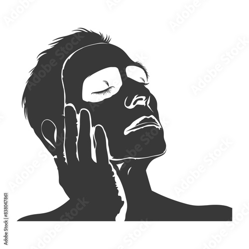 Silhouette of Woman with Clay Mask, Hand on Cheek, Eyes Closed, Clean Beauty