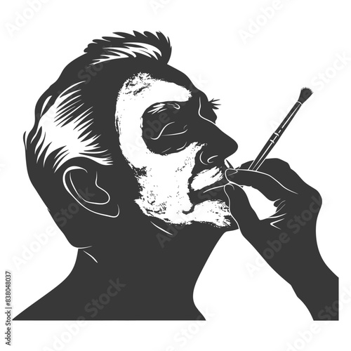 Monochrome Portrait: Man Applying Makeup, Brush Detail, High Contrast, Silhouette.