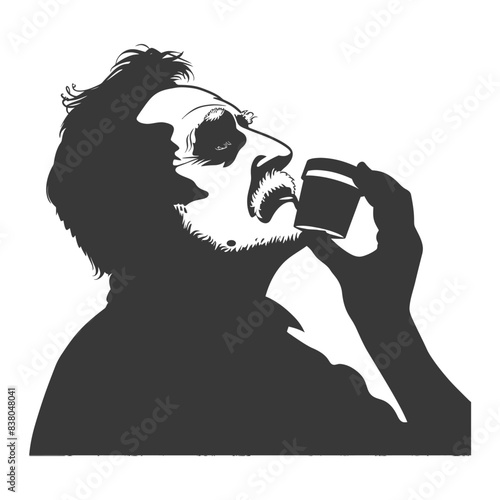 Contemplative Drinker: Silhouette of Bearded Man Tasting From Small Cup, Head Tilted Back.