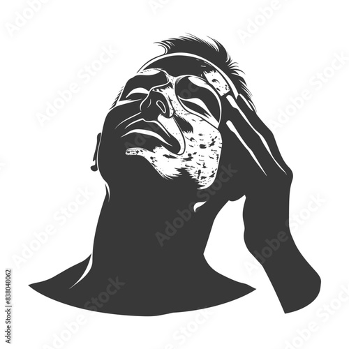 Distressed Figure, Head in Hands, Graphic Black and White Illustration.