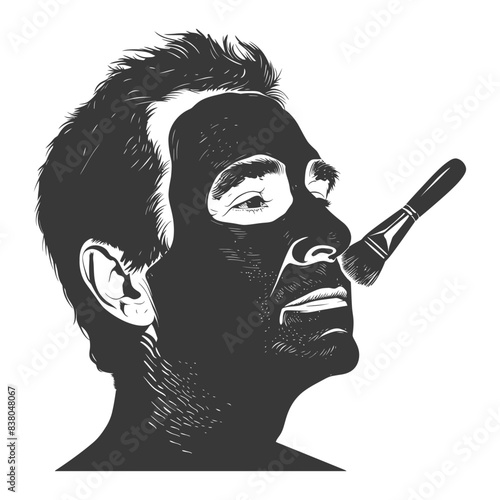 Monochrome Man: Charcoal Facial Mask Application with Brush, Skincare Illustration