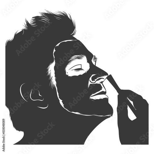 Monochrome Mask: Man Applying Facial Treatment with Brush, Close-Up Silhouette.