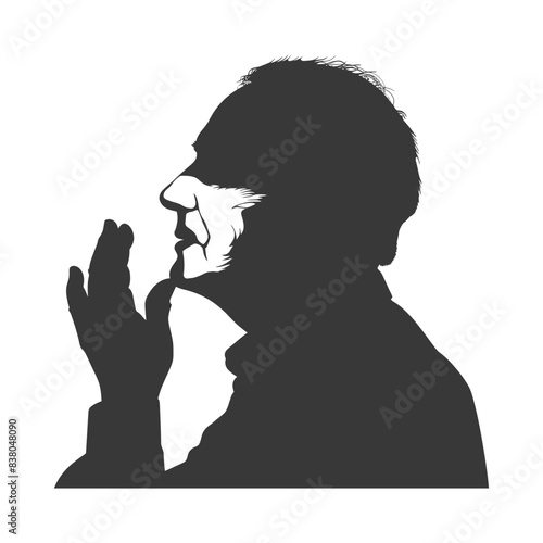 Silhouette of elderly man with hand raised to face, stark monochrome.