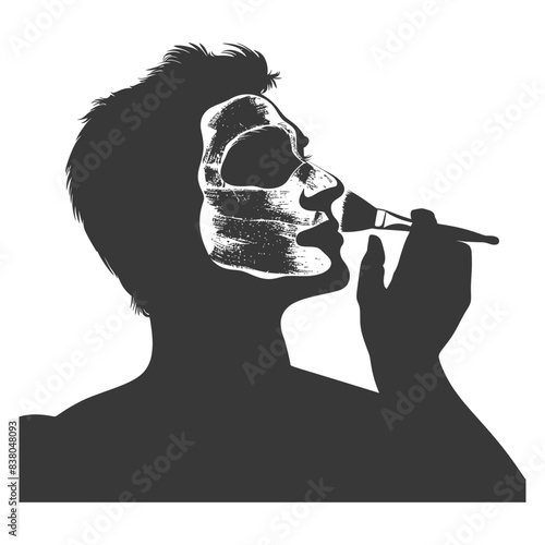 Skull Face Paint: Graphic Silhouette of a Man Applying Grim Makeup with Brush.