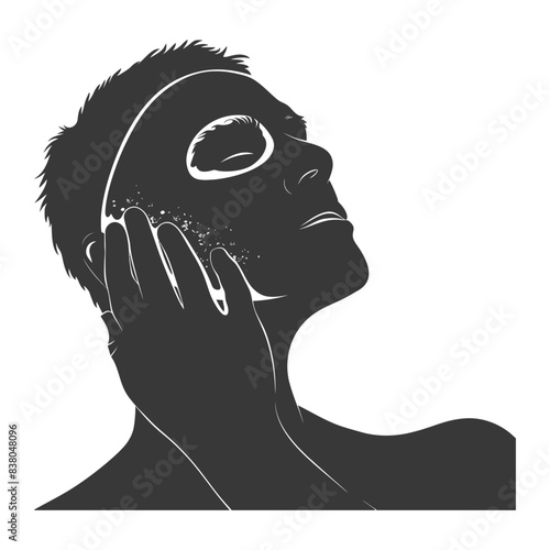 Monochrome Silhouette: Man with Clay Mask, Hand on Face, Skincare Treatment.