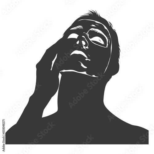 Monochrome Silhouette: Upward Gaze, Hand on Face, Abstract Expression.
