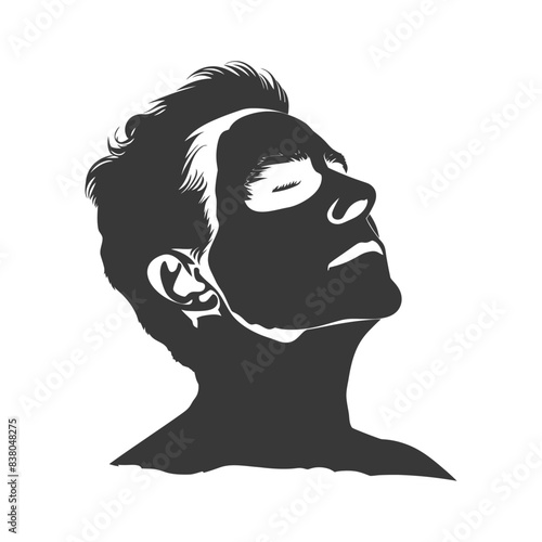 Uplifted Gaze: Minimalist Portrait of Man in Shadow, Eyes Closed in Contemplation.