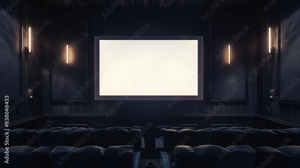 Obraz premium A sleek home theater with plush seating and surround sound, showcasing an empty mockup frame on a dark accent wall.