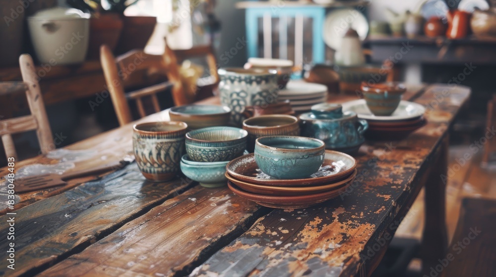 Rustic wooden dining table with a variety of ceramic dishes, bowls, and cups in a cozy, eclectic kitchen setting. Rustic wooden dining table with a variety of ceramic dishes, bowls, and cups in a cozy, eclectic kitchen setting.