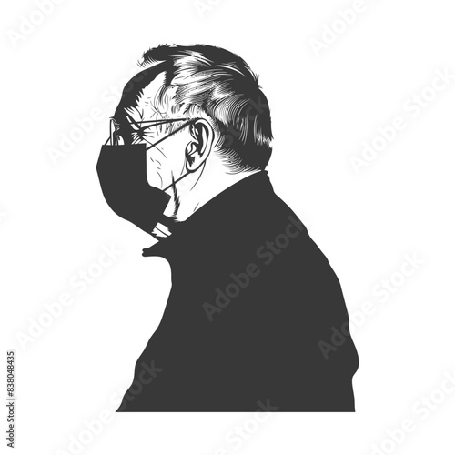 Masked Elder Portrait: Engraved Style, Profile, COVID-19 Era.