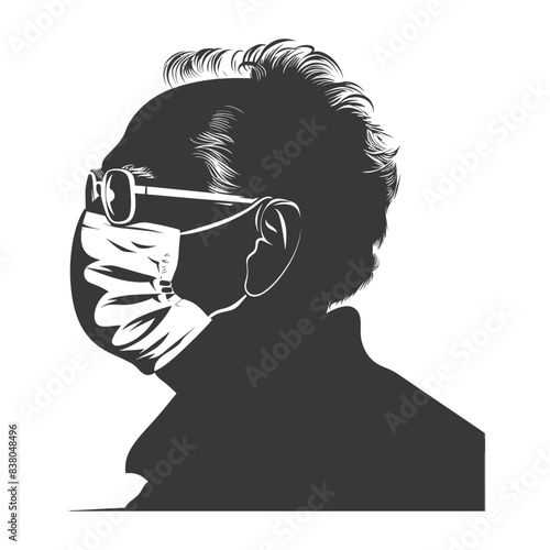 Masked Profile: Silhouetted Head with Glasses & Medical Mask, Vector Illustration.