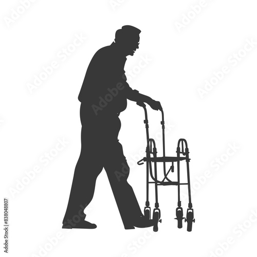 silhouette elderly man with walking frames full body black color only