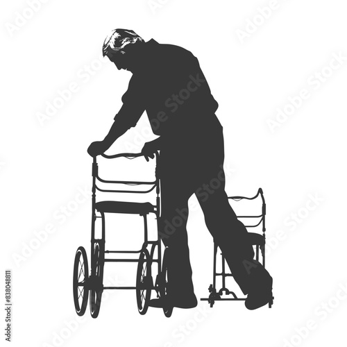silhouette elderly man with walking frames full body black color only