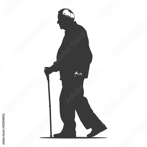silhouette elderly man with walking stick full body black color only