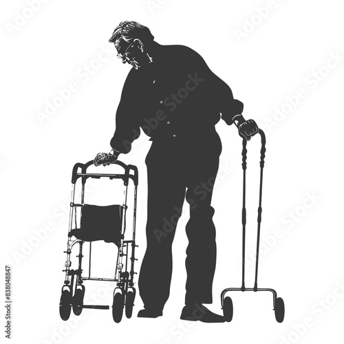 silhouette elderly man with walking frames full body black color only