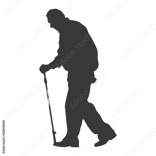 silhouette elderly man with walking stick full body black color only