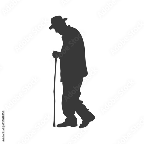 silhouette elderly man with walking stick full body black color only