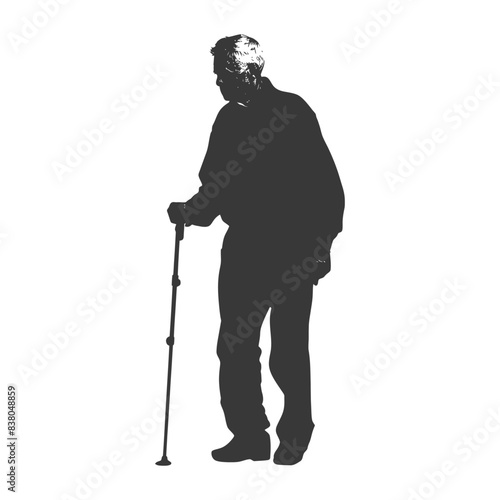 silhouette elderly man with walking stick full body black color only