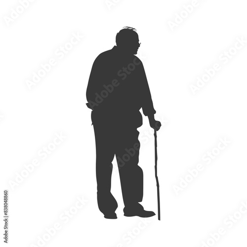 silhouette elderly man with walking stick full body black color only