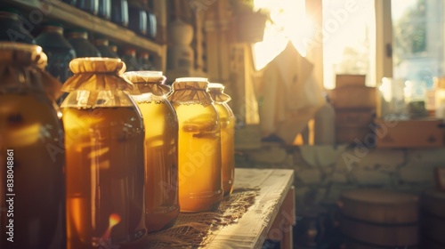 Sunlit jars honey wooden shelf rustic kitchen, creating warm inviting atmosphere natural light pouring .