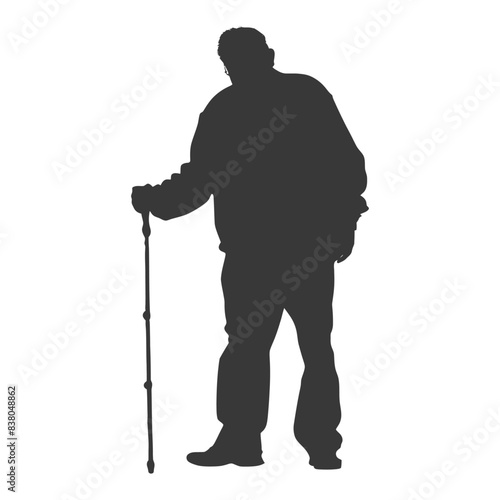 silhouette elderly man with walking stick full body black color only